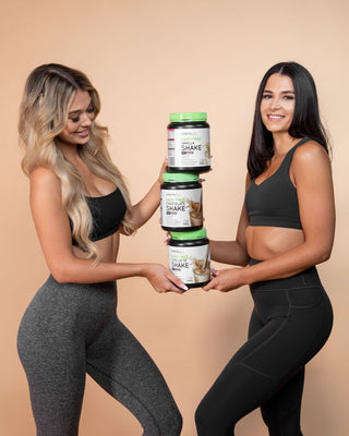 CelebritySlim dairy free meal replacement shakes - 2 models holding 3 variants