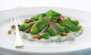 Broad Bean Salad with Coriander Yoghurt, Fried Capers and Pine Nuts