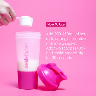 A person is putting a scoop of Celebrity Slim powder into a Celebrity Slim shaker, accompanied by the 'How to Use' text guide