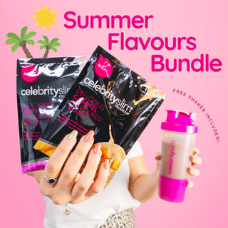 A Woman Holding Up 2 Sachets from the Summer Flavours Bundle Along With a Shaker 
